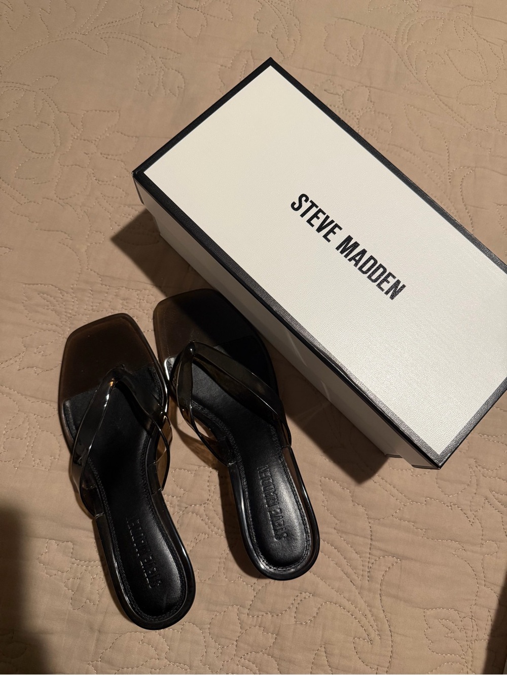 Steve Madden Black Square-Toe Slide Sandals with Clear Straps